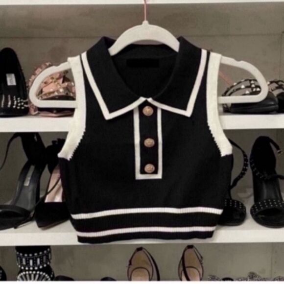 Women's Button Front Striped Collar Sleeveless Sweater Vest Knit Top size small - Picture 9 of 13